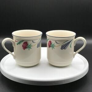 Vintage Lenox Set of 2 Coffee Tea Mugs Poppies On Blue Made In USA Replacements